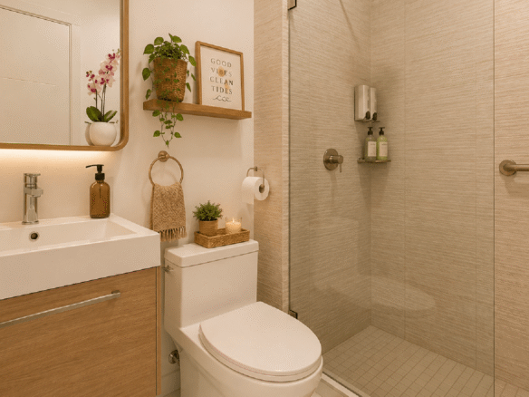 Modern staged bathroom with walk-in shower at Aruba’s Life Garden 2 bedroom condo.