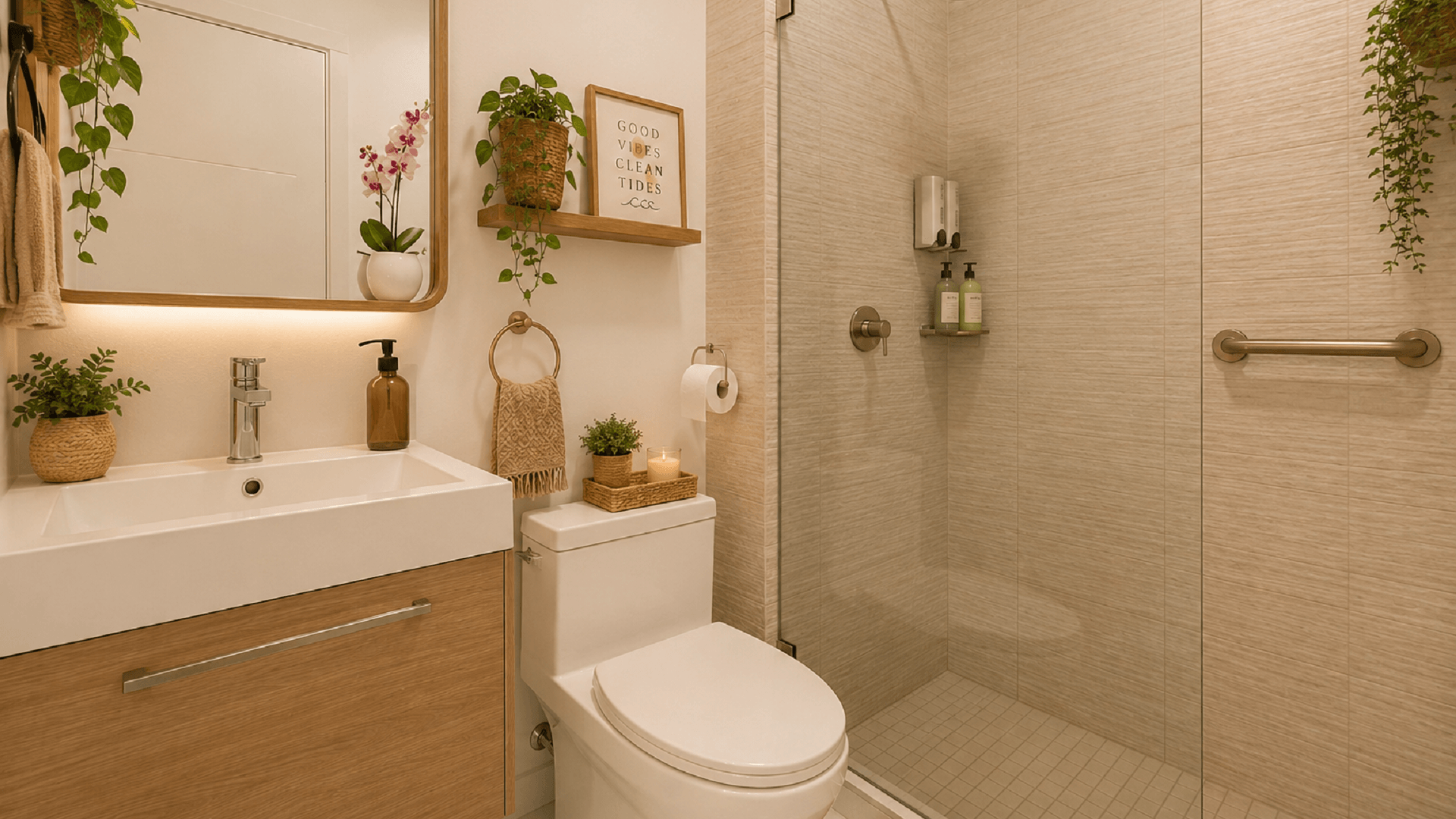 Modern staged bathroom with walk-in shower at Aruba’s Life Garden 2 bedroom condo.