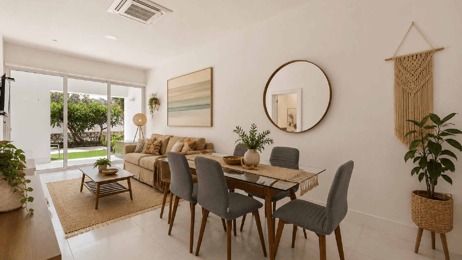 Staged dining and living area inside Aruba’s Life Garden 2 bedroom condo