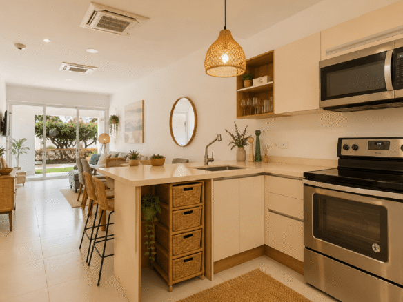 Staged kitchen and living area inside Aruba’s Life Garden 2 bedroom condo in Aruba
