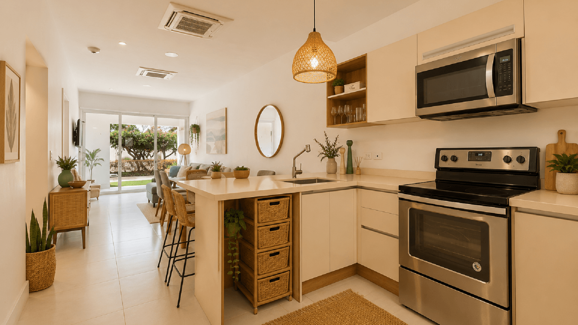 Staged kitchen and living area inside Aruba’s Life Garden 2 bedroom condo in Aruba