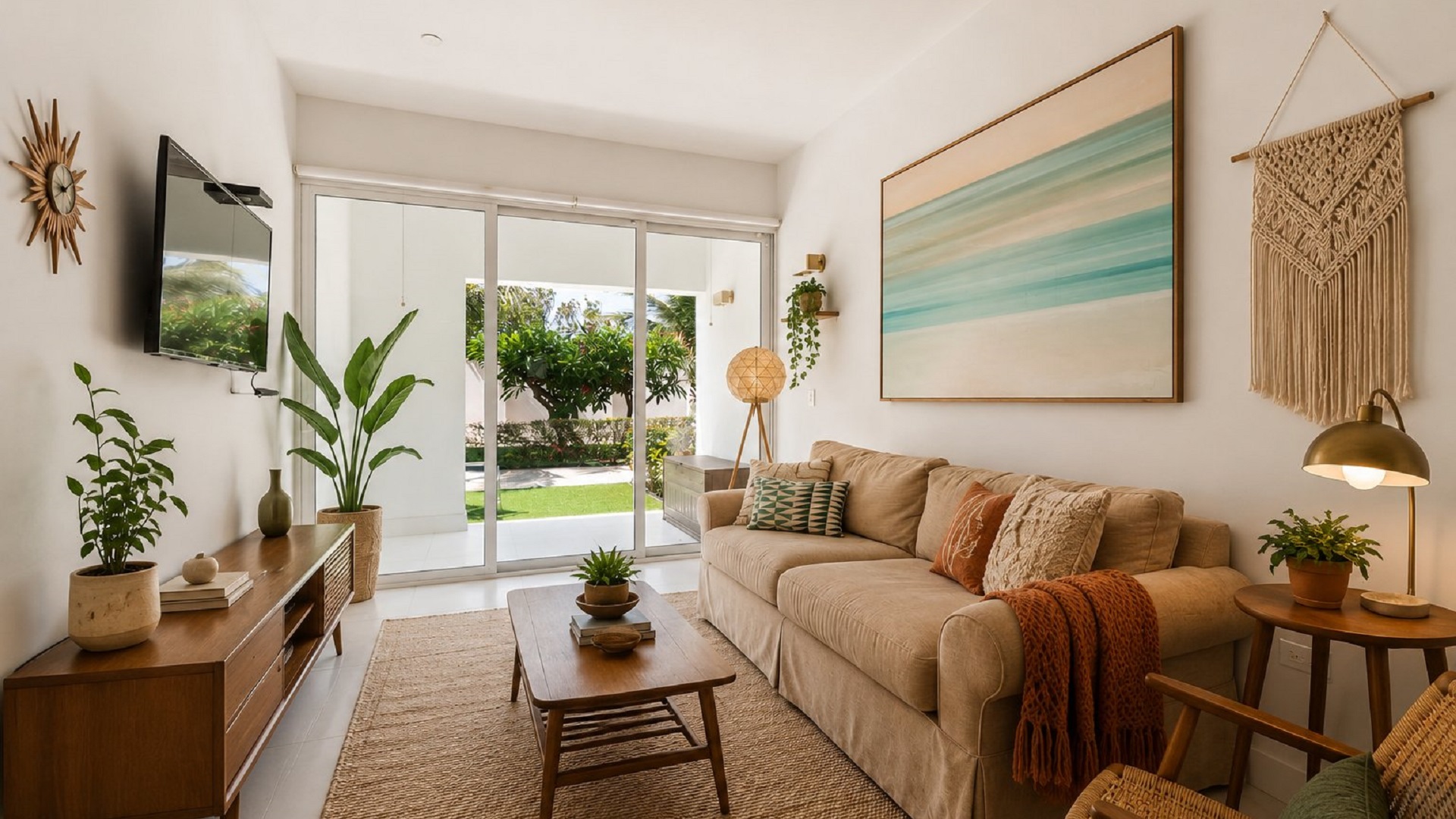 Staged living room with modern decor at Aruba’s Life Garden 2 bedroom condo in Aruba.