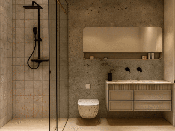 Bathroom in L’Aquila Residences Unit 409 Type C-3 featuring walk-in shower, vanity, and modern fixtures in Aruba
