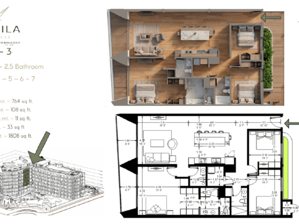 Floor plan of L’Aquila Residences Unit 409 Type C-3 showing 3 bed condominium layout in Aruba