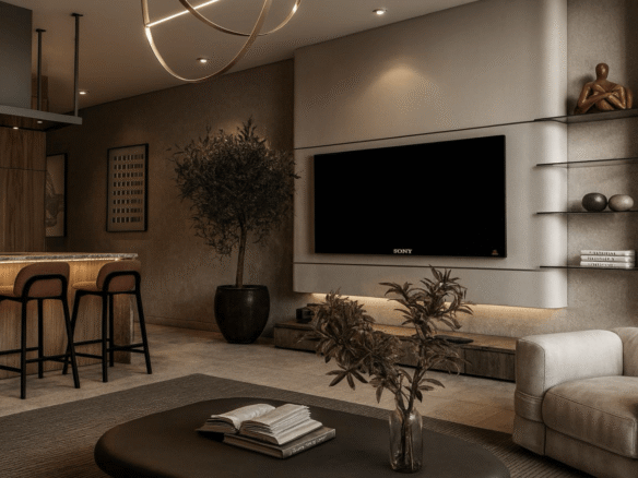 Living room with TV wall and adjacent kitchen in L’Aquila Residences Unit 409 Type C-1 condominium in Aruba