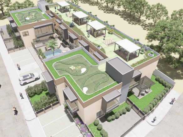 Aerial rendering of Summerside III townhouse community with rooftop recreational spaces and landscaped areas