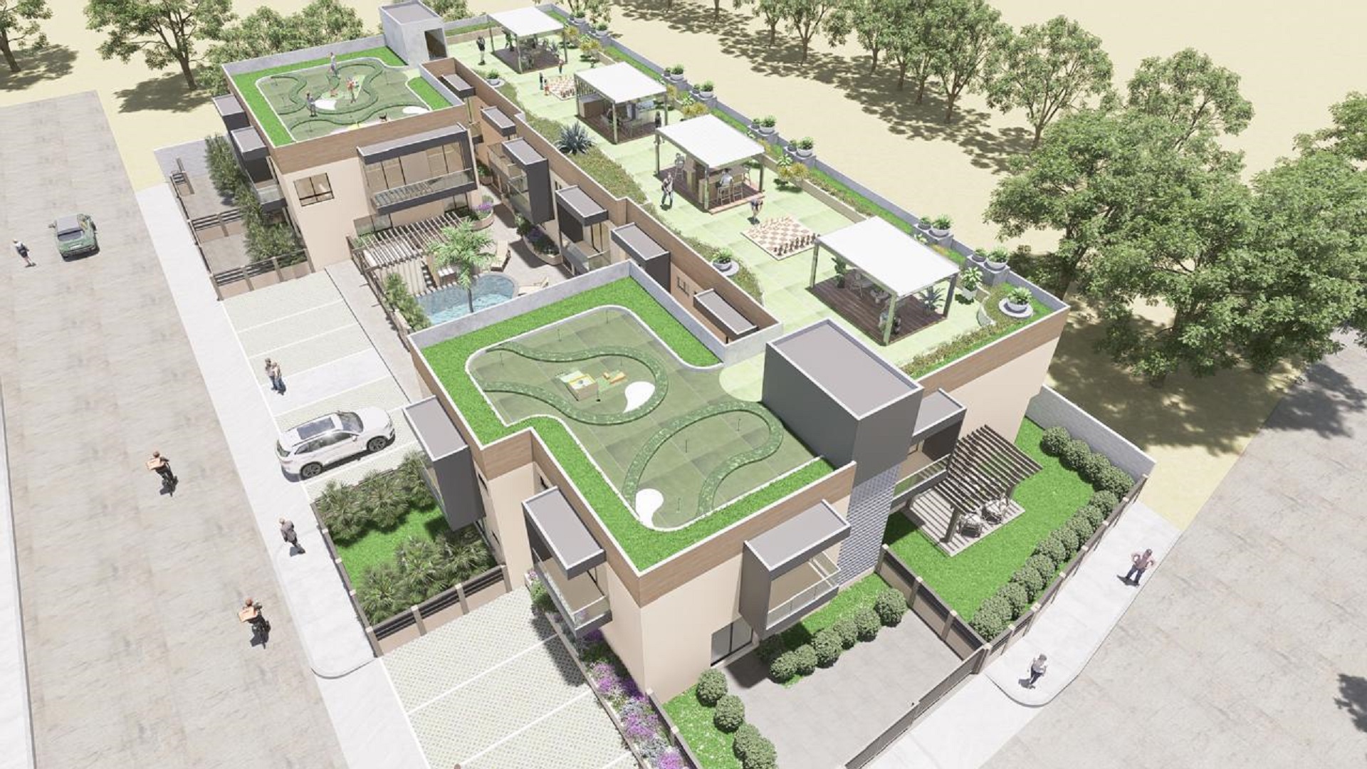 Aerial rendering of Summerside III townhouse community with rooftop recreational spaces and landscaped areas