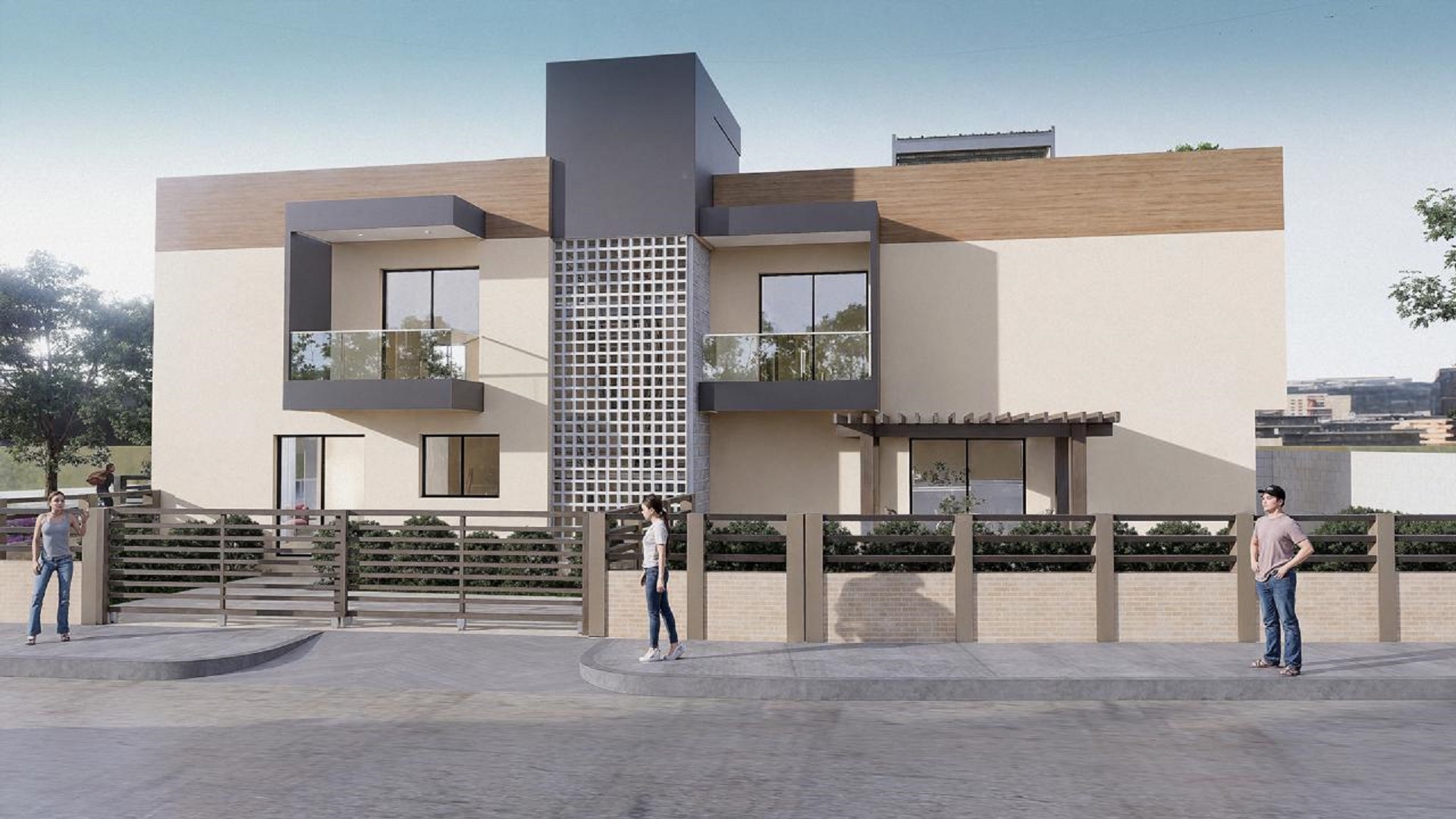 Corner exterior view of Summerside III townhouse showcasing balconies, fencing, and landscaping