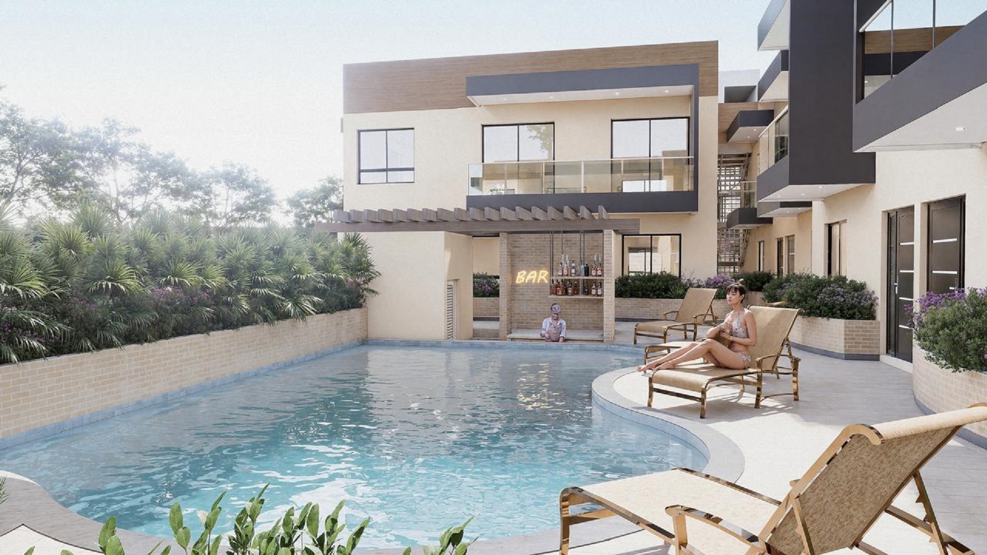 Front exterior rendering of Summerside III townhouse with modern façade and gated entrance