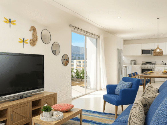 Living room and kitchen view inside Summerside III townhouse with blue seating, entertainment area, and open kitchen layout