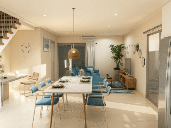 Open-concept living and dining space inside Summerside III townhouse with staircase and blue upholstered seating