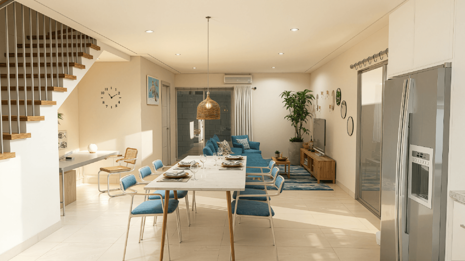 Open-concept living and dining space inside Summerside III townhouse with staircase and blue upholstered seating