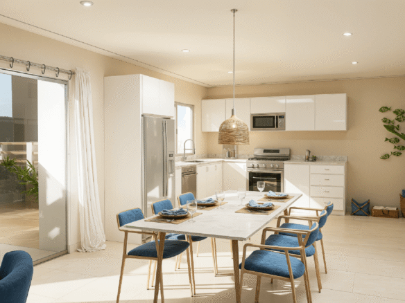 Open-plan dining and kitchen interior at Summerside III townhouse featuring blue dining chairs, white cabinetry, and natural lighting