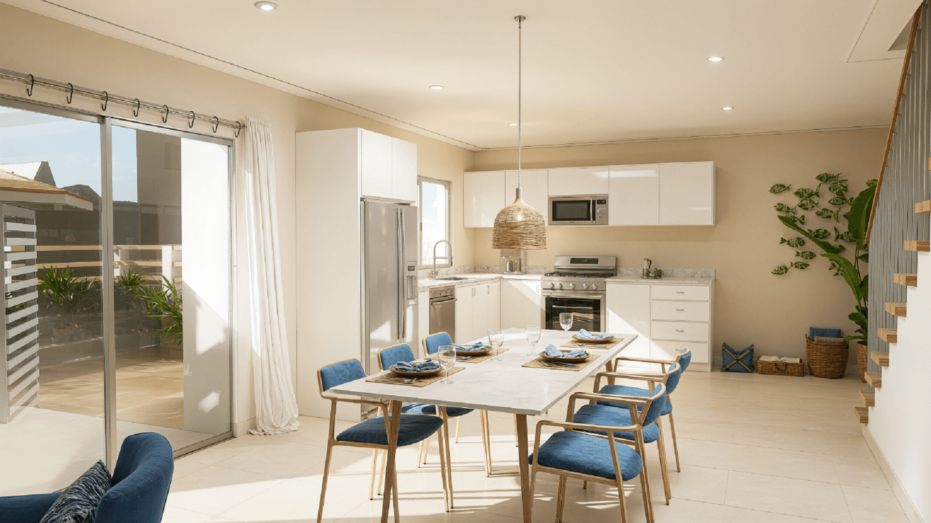 Open-plan dining and kitchen interior at Summerside III townhouse featuring blue dining chairs, white cabinetry, and natural lighting