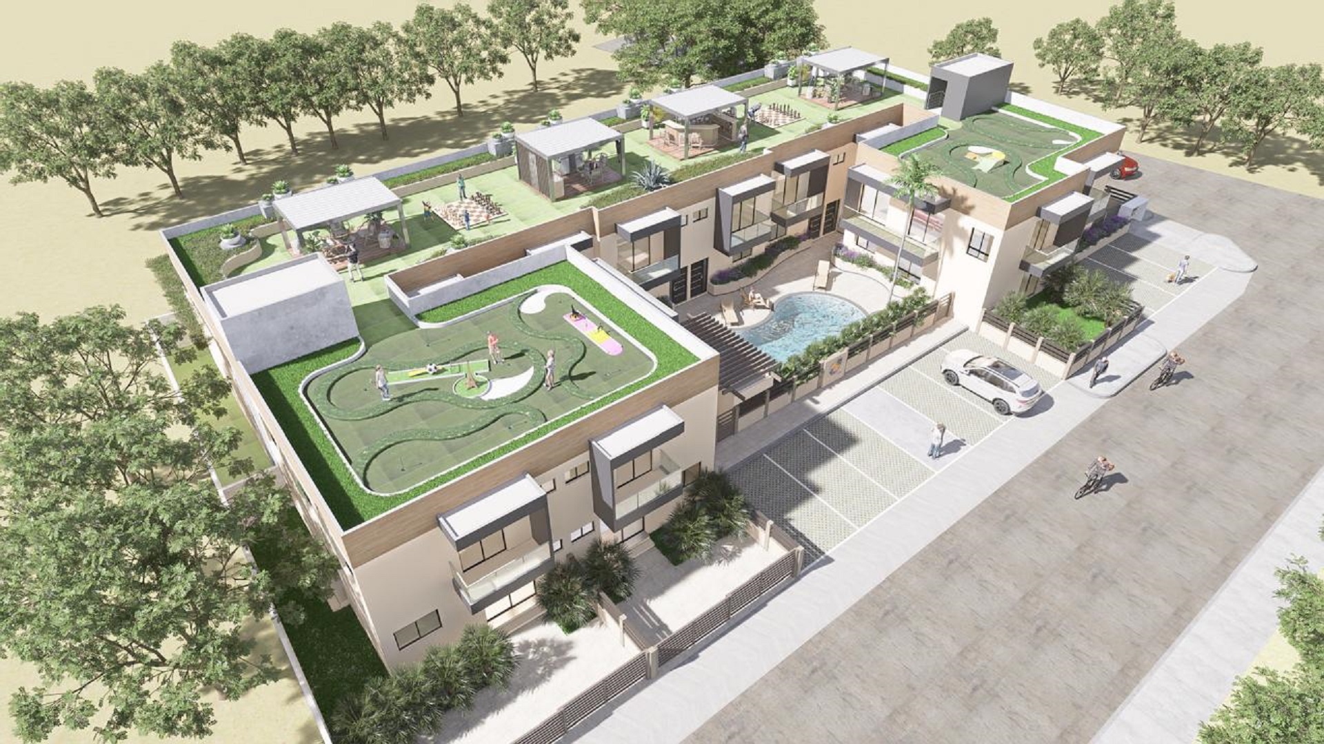 Rooftop lounge and outdoor seating area at Summerside III townhouse community with greenery and shaded pergola