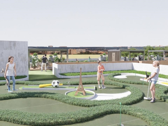 Outdoor rooftop kitchen and lounge area at Summerside III townhouse with pergola and seating.