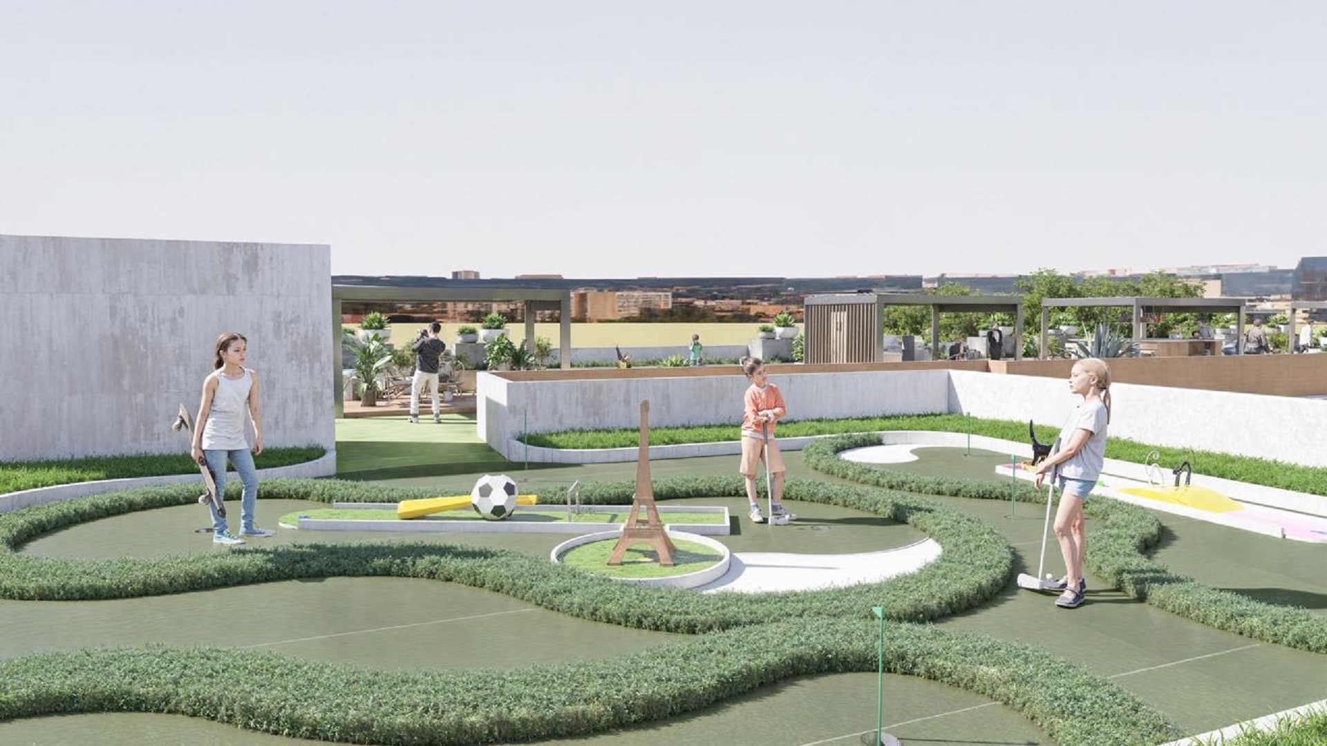Outdoor rooftop kitchen and lounge area at Summerside III townhouse with pergola and seating.