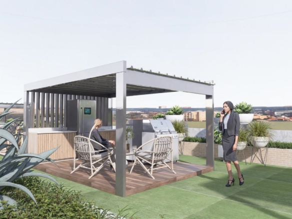 Rooftop seating and lounge area at Summerside III townhouse with landscaped walkways and pergola.