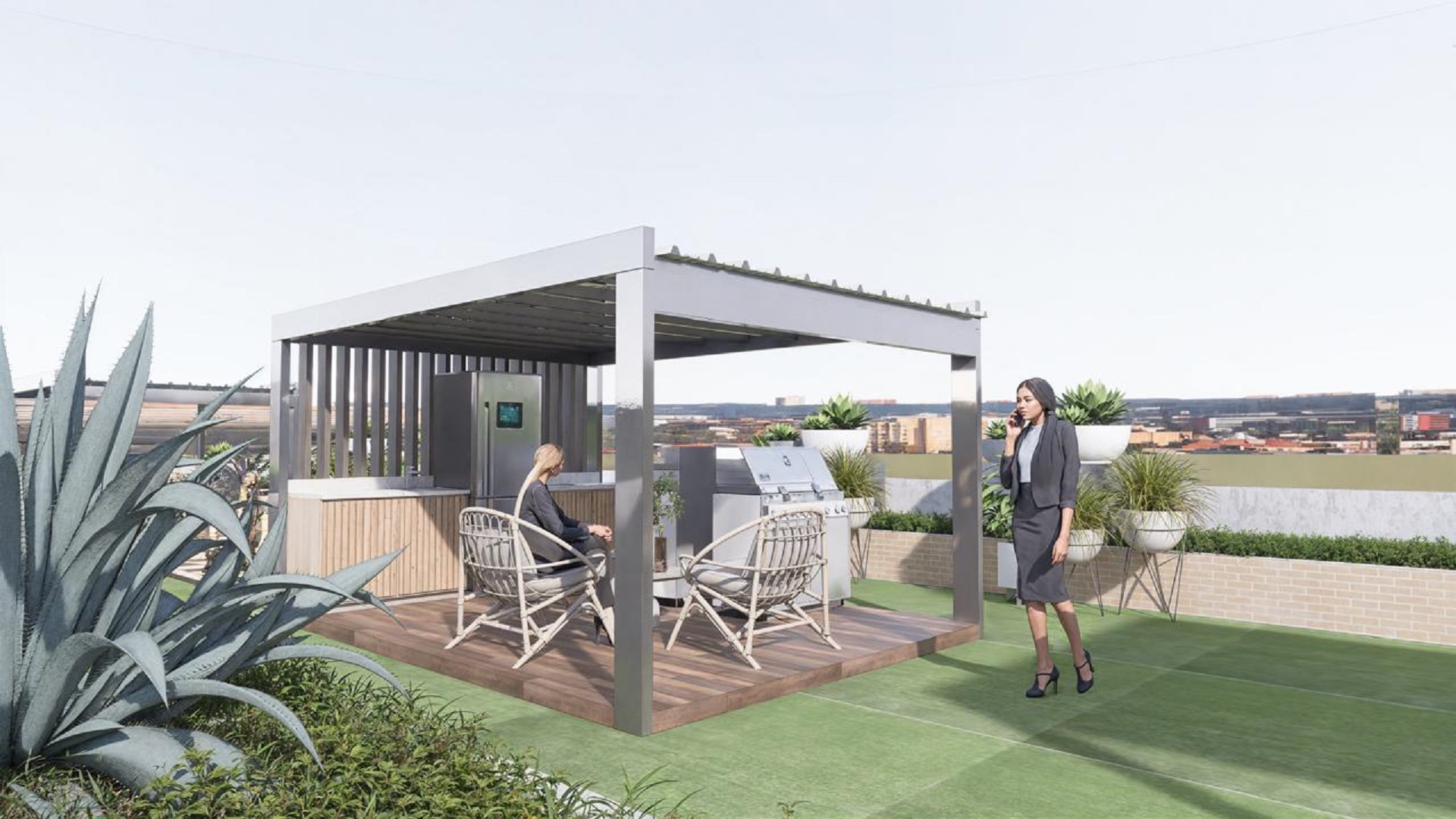 Rooftop seating and lounge area at Summerside III townhouse with landscaped walkways and pergola.