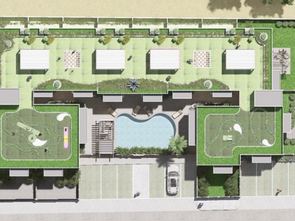 Site plan rendering of Summerside III townhouse community showing rooftop amenities, pool area, and parking layout.