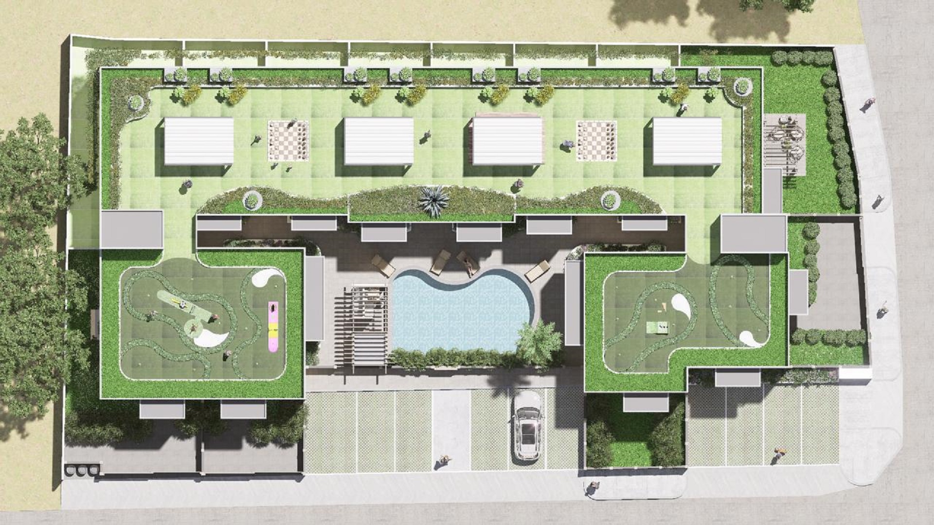Site plan rendering of Summerside III townhouse community showing rooftop amenities, pool area, and parking layout.