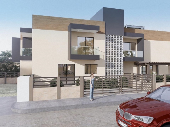Street-level exterior rendering of Summerside III townhouse community with landscaped frontage and parking spaces