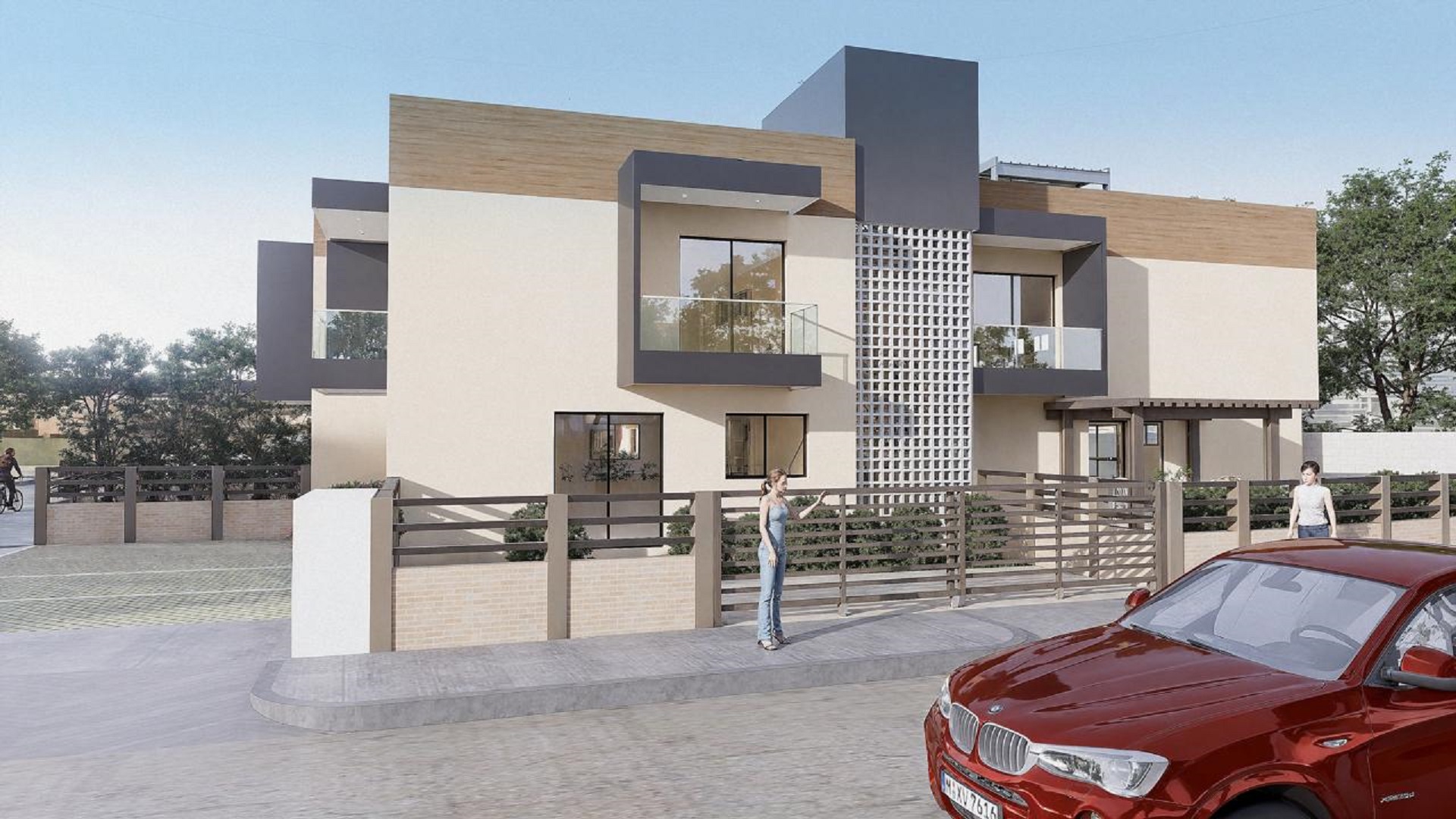 Street-level exterior rendering of Summerside III townhouse community with landscaped frontage and parking spaces