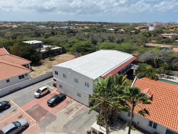 Private fenced patio with artificial grass and tropical plants at a 1-bedroom apartment in Alto Vista, Aruba.