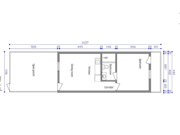 Floor plan of the Alto Vista 26 W 1-bedroom apartment showing living area, kitchen, bathroom, bedroom, and private patio.