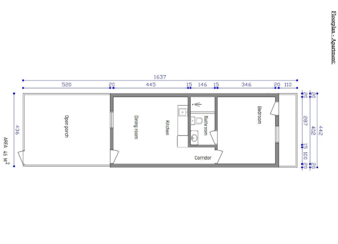 Floor plan of the Alto Vista 26 W 1-bedroom apartment showing living area, kitchen, bathroom, bedroom, and private patio.