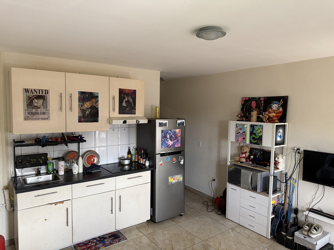 Kitchen area with cabinetry, countertop workspace, and appliances in the Alto Vista apartment.