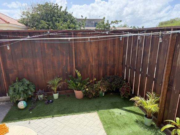 Outdoor garden area with decorative plants beside the apartment in Alto Vista, Aruba.
