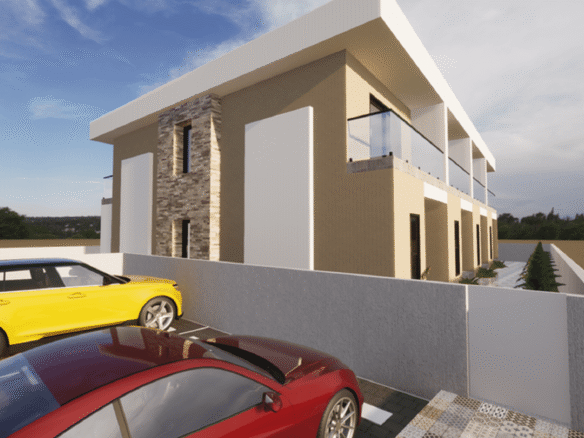Corner perspective rendering of a two-story residential building with parking area and glass balcony railings.