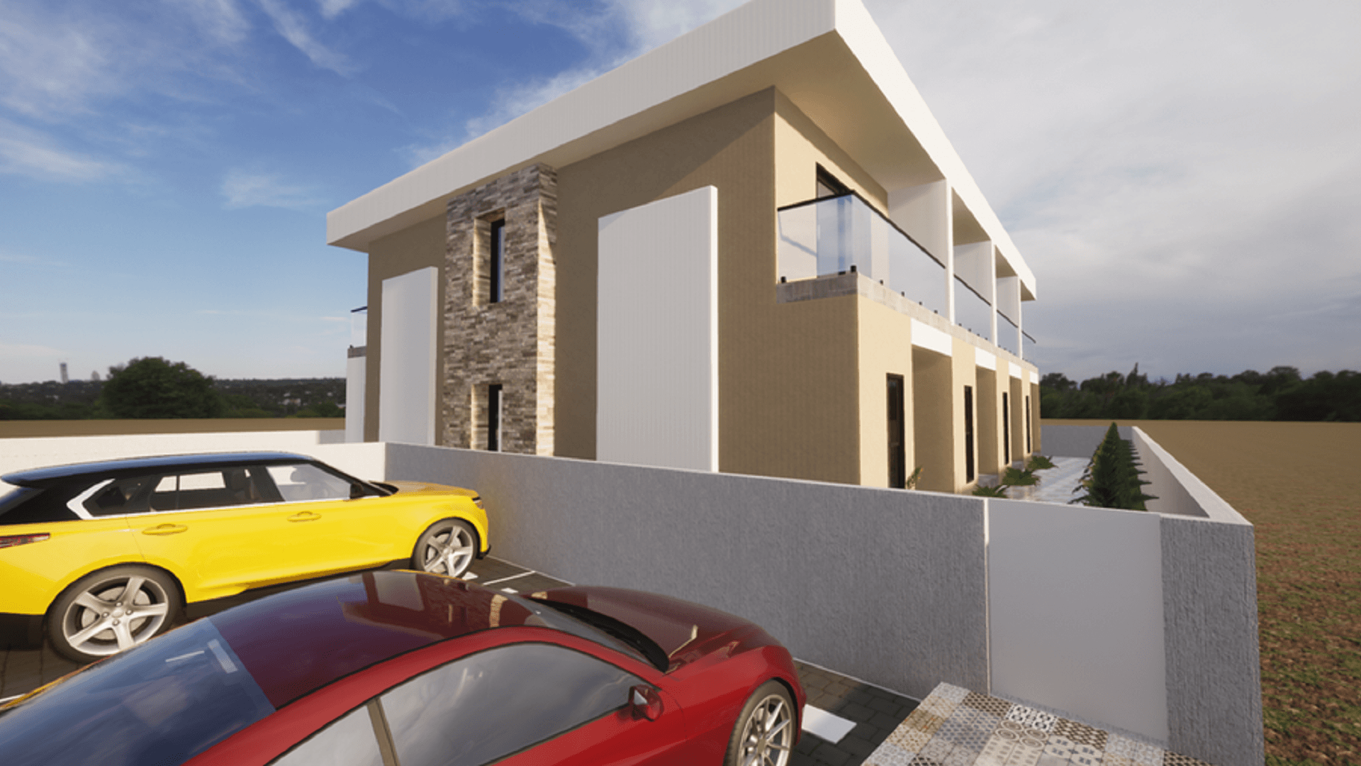 Corner perspective rendering of a two-story residential building with parking area and glass balcony railings.