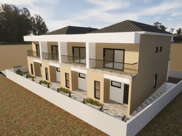 Elevated rendering of a multi-unit residential development with balconies, landscaped walkways, and perimeter walls.