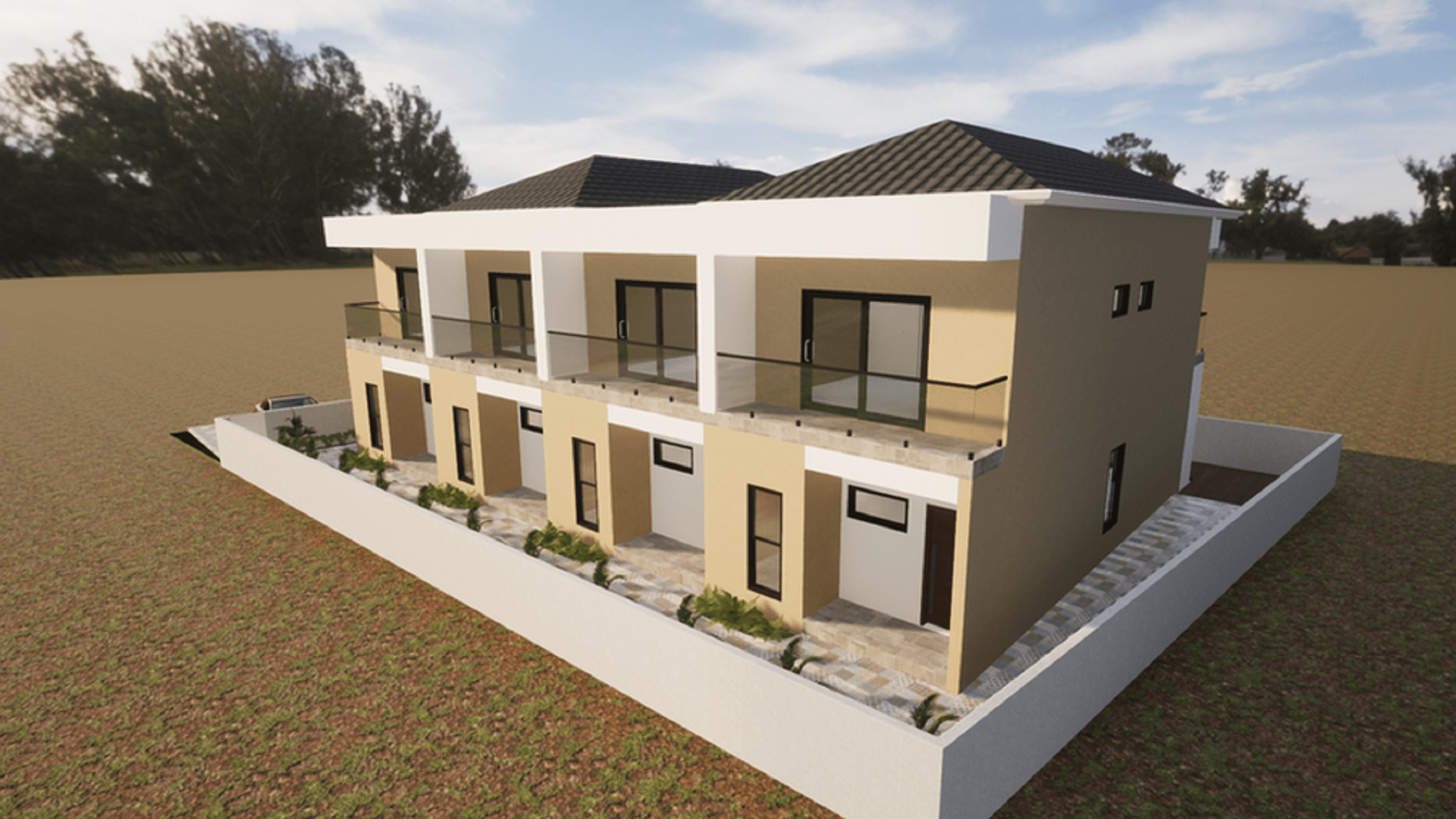 Elevated rendering of a multi-unit residential development with balconies, landscaped walkways, and perimeter walls.