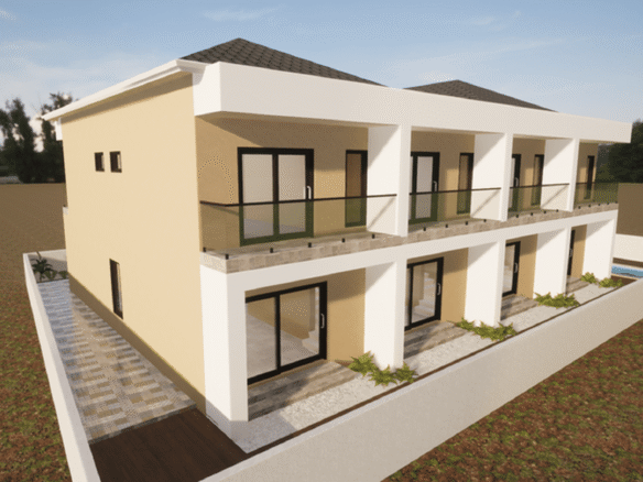 Exterior rendering of a two-story residential building with upper-level balconies and landscaped frontage.