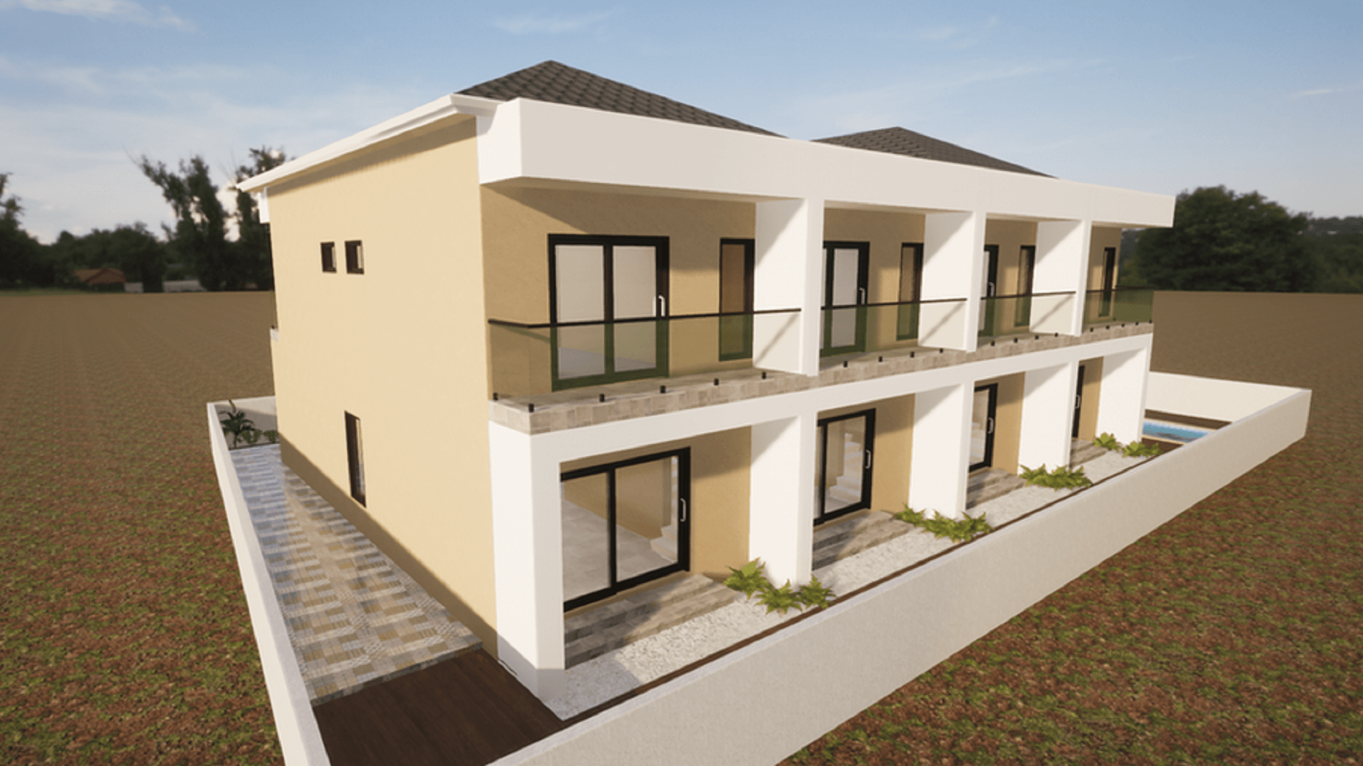 Exterior rendering of a two-story residential building with upper-level balconies and landscaped frontage.