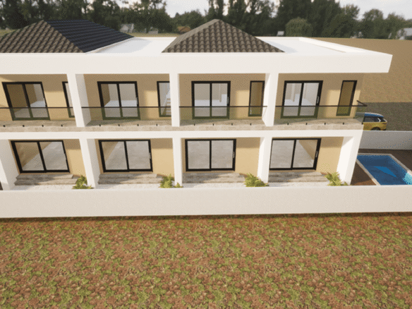 Architectural rendering showing the front elevation of a two-story multi-unit residential building with balconies and a swimming pool.