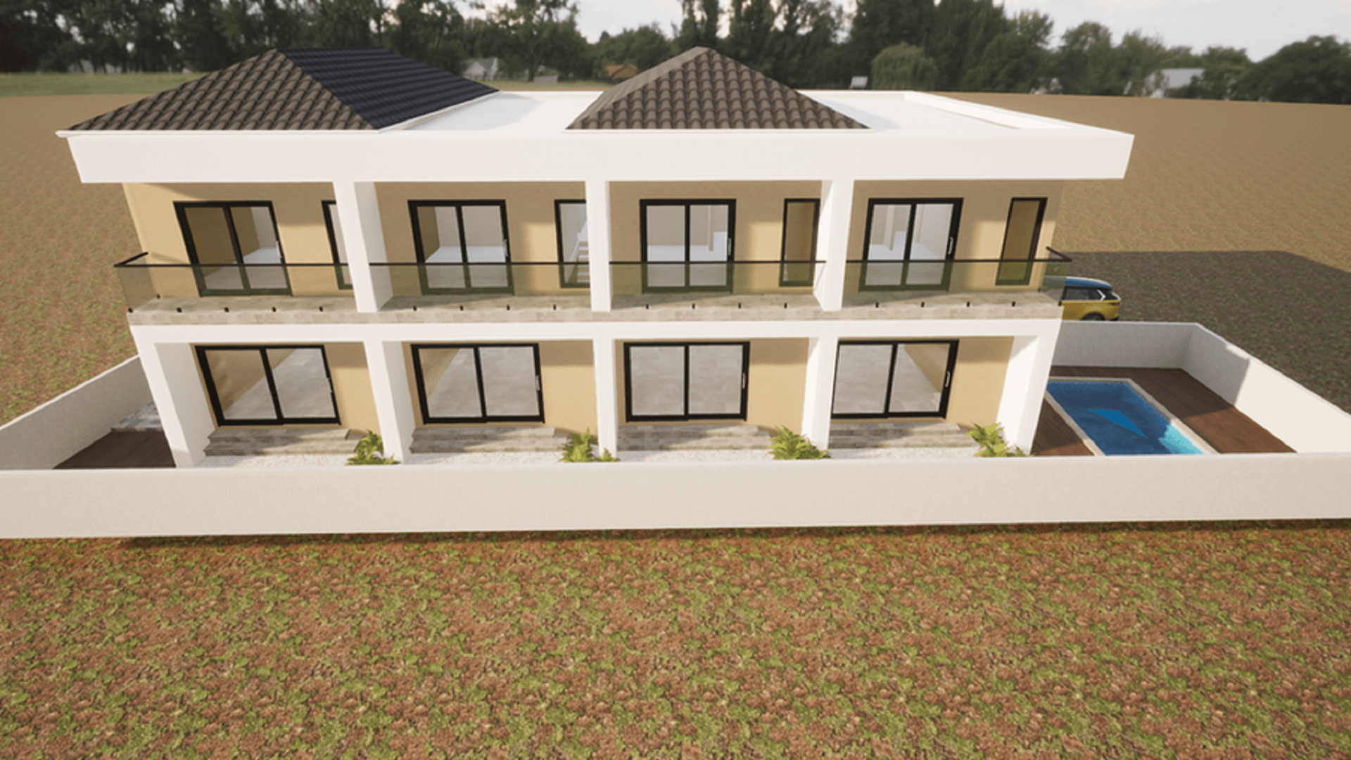 Architectural rendering showing the front elevation of a two-story multi-unit residential building with balconies and a swimming pool.