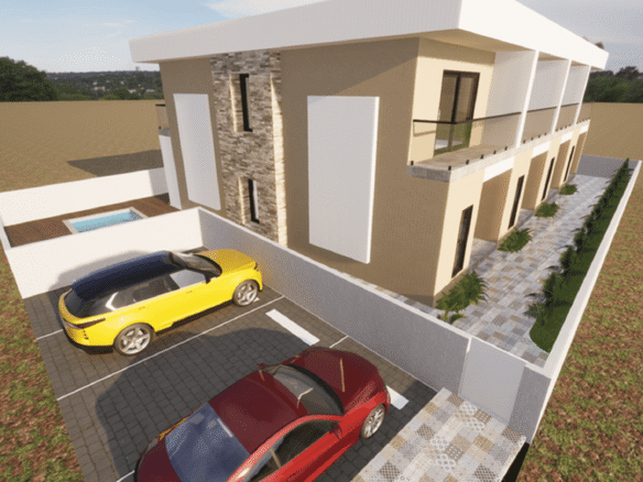 Side perspective rendering of a residential building showing parking spaces, exterior walkways, and a pool area.