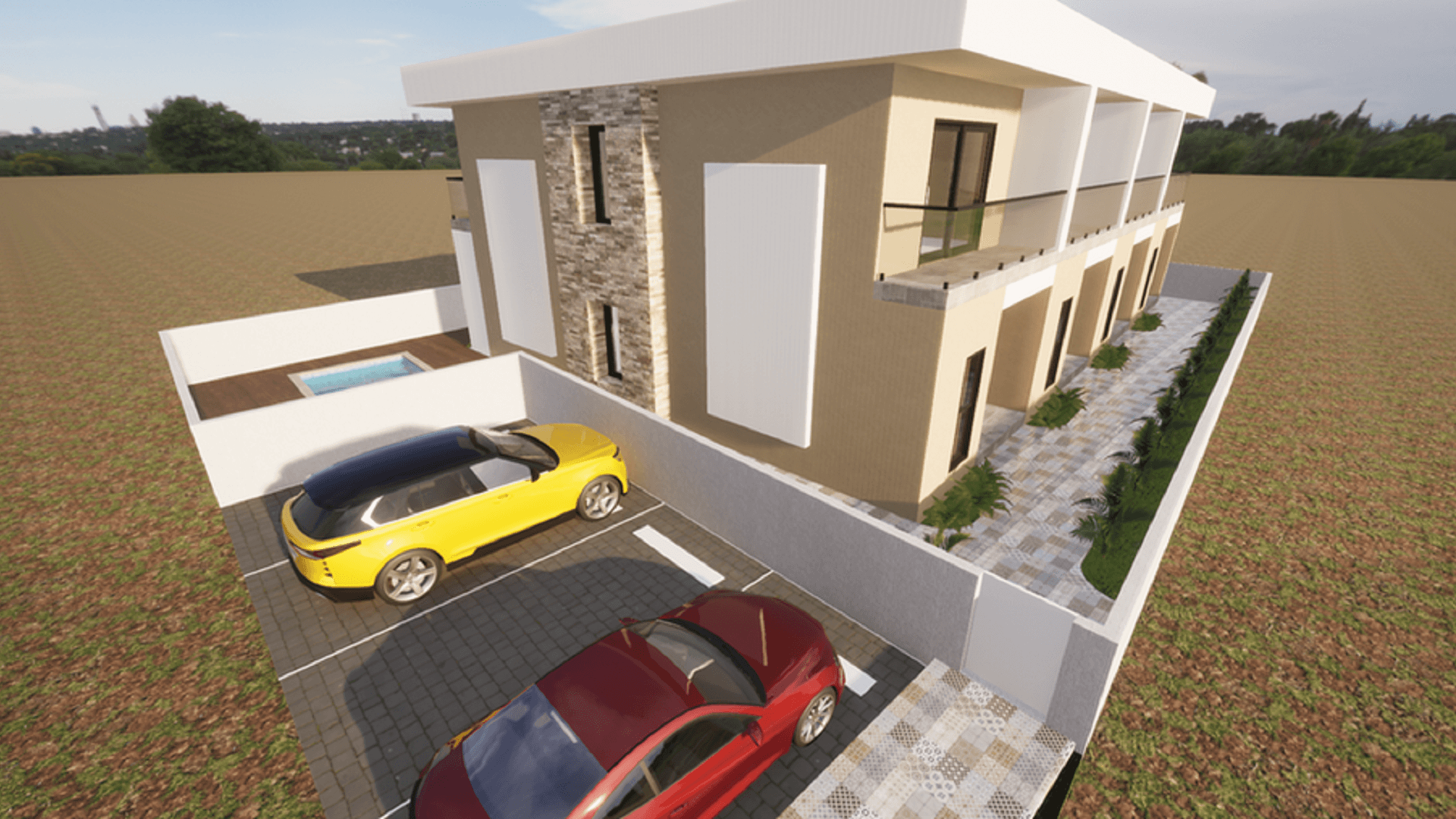 Side perspective rendering of a residential building showing parking spaces, exterior walkways, and a pool area.