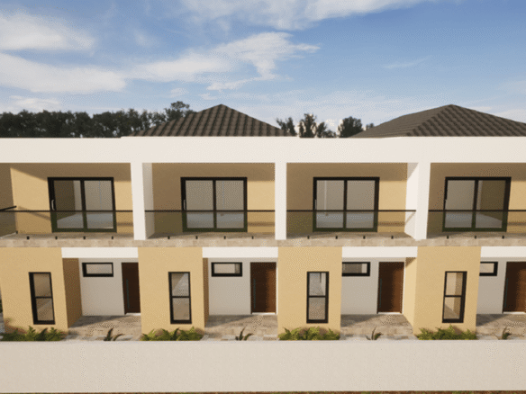 Front-facing rendering of a multi-unit residential building with covered entrances and second-floor balconies.