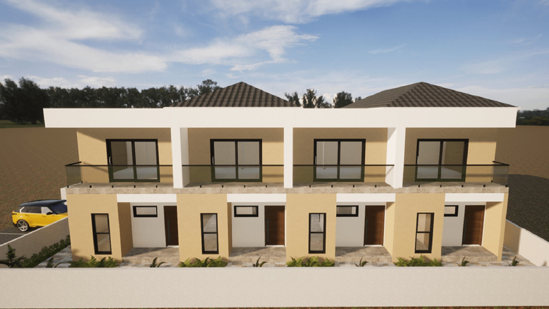 Front-facing rendering of a multi-unit residential building with covered entrances and second-floor balconies.