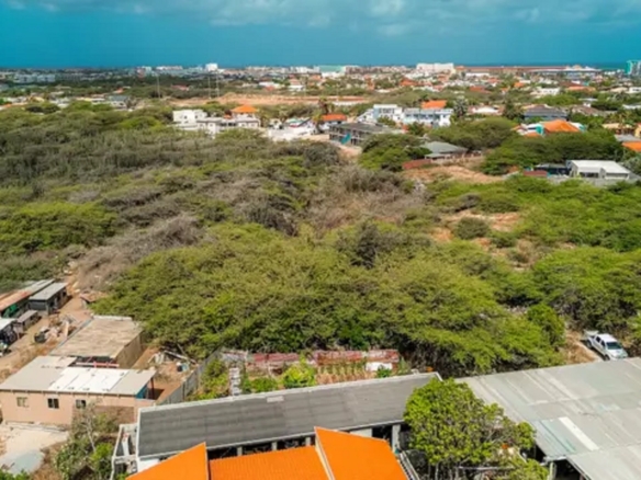 Elevated aerial view of development land in Bubali, Noord, Aruba, with residential communities and vegetation extending across the landscape.