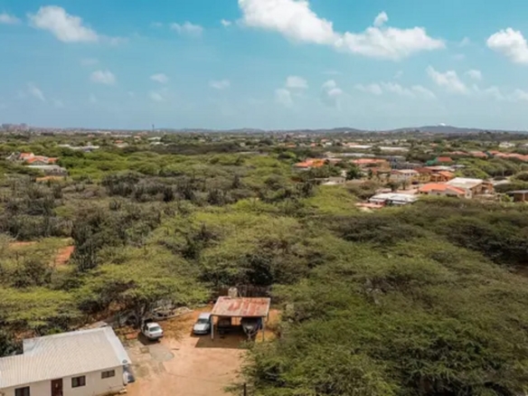 Broad aerial landscape view of development land for sale in Bubali, Noord, Aruba, with neighboring homes and natural vegetation throughout the area.