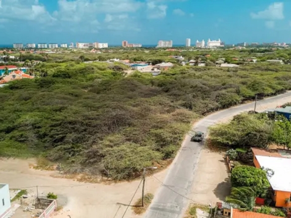 Wide aerial overview of development land for sale in Bubali, Noord, Aruba, featuring nearby homes, vegetation, and distant urban areas.