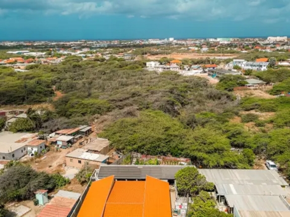 Aerial perspective of the development land for sale in Bubali, Noord, Aruba, surrounded by residential properties and mature vegetation.