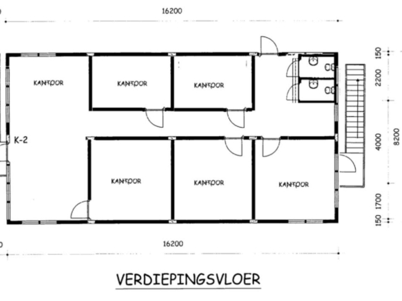 Floor plan of the Commercial Office Space for Rent at Schotlandstraat 77-A Aruba showing multiple office rooms and restroom facilities.