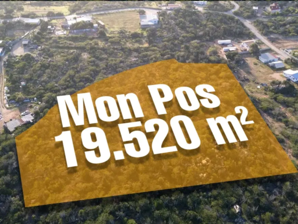 Aerial image of the land for sale in Mon Pos, Santa Cruz, Aruba, displaying the property boundary and lot size overlay.